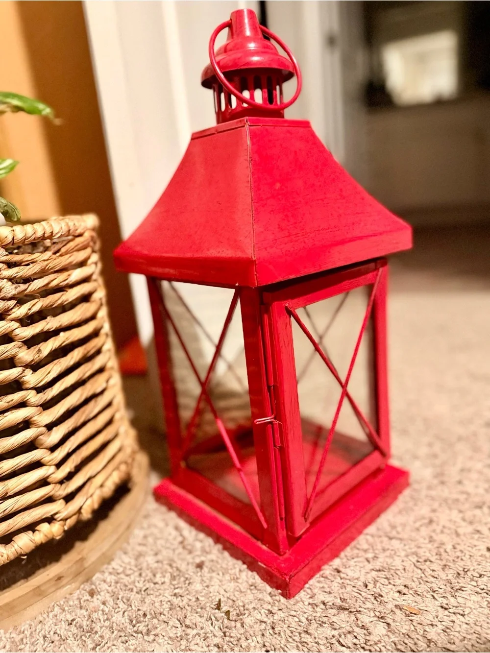Red Metal Candle Lantern 20in Glass Panel Farmhouse Boho Decor